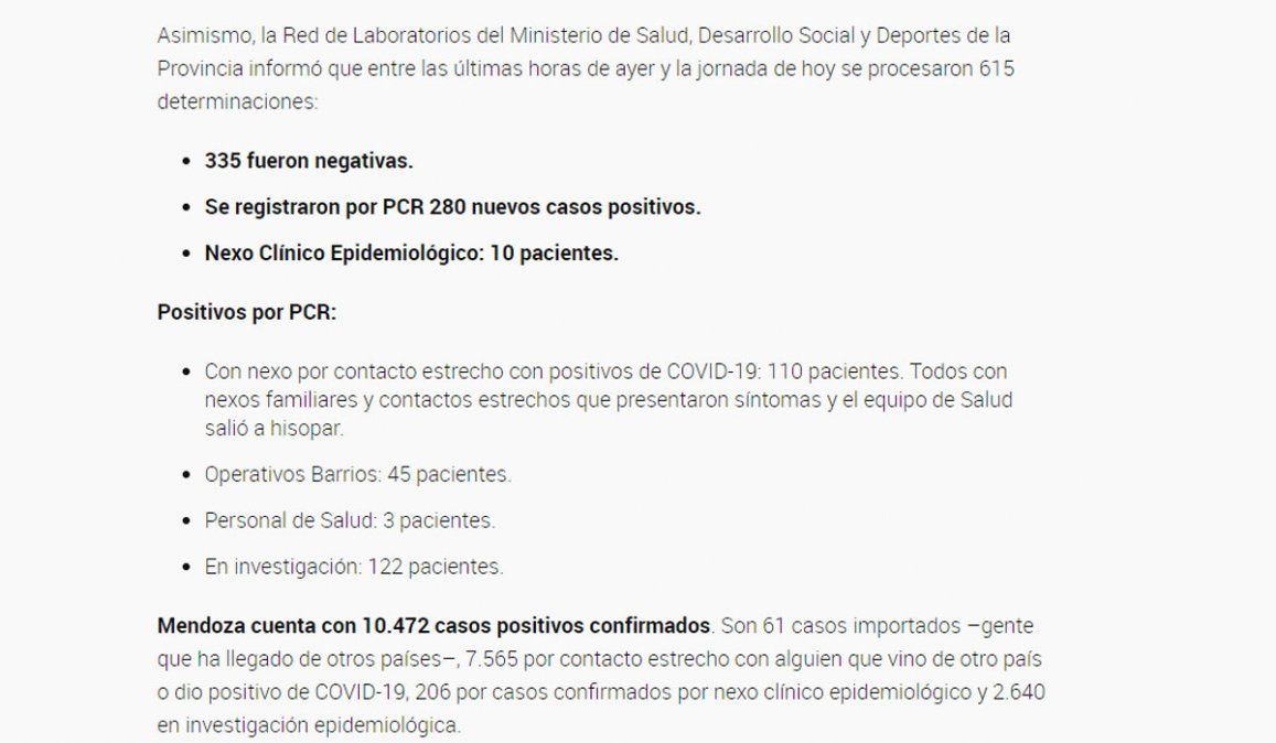 Coronavirus en Mendoza: reporte del domingo 6 de septiembre
