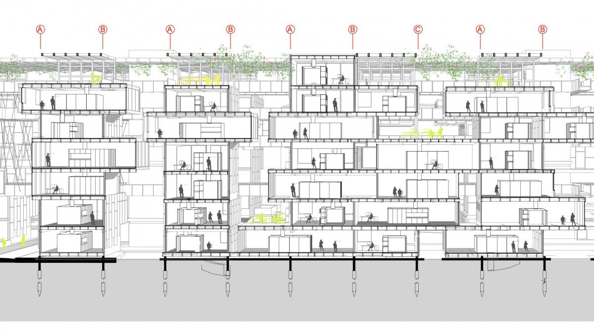 Corte perspectiva Células habitables y Espacios comunes en Silos de combustible