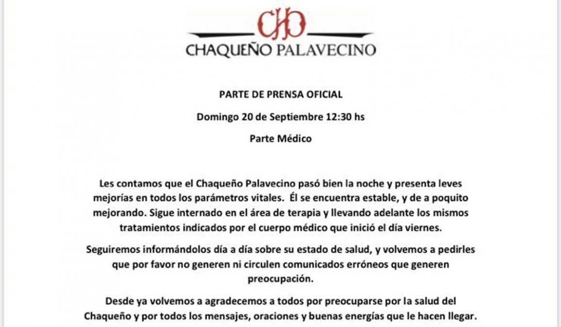 Chaqueño Palavecino: nuevo parte médico