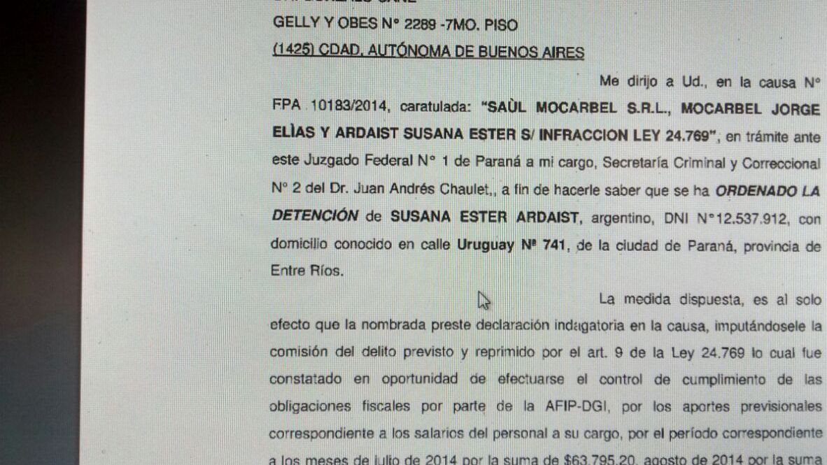 El oficio. Desde la Justicia Federal de Paraná se emitió la orden de detención.