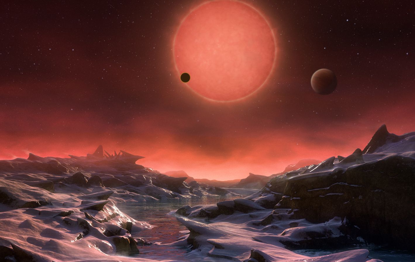 Universo. Una recreación artística muestra la superficie de uno de los tres planetas orbitando alrededor de la estrella fría.