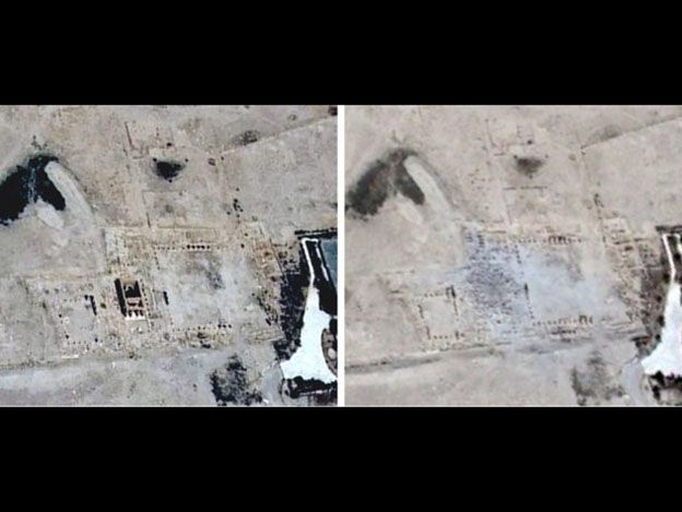 Estas imágenes confirmaron el lunes la destrucción de otra estructura bimilenaria en Palmira, el templo de Baalshamin