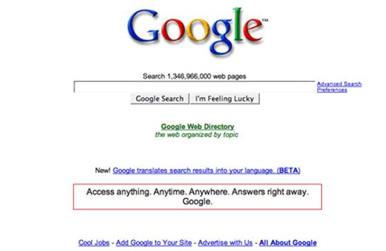El logo de Google en el sitio no estuvo centrado en la página hasta el 2001. Al principio estaba hacia la izquierda. En la actualidad, se considera el logo de la marca como un diseño de referencia en el mundo de la Web.