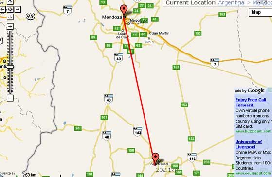 Con Distancefromto.net la distancia lineal entre las ciudades de Mendoza y San Rafael son 202,1 km, cuando por la ruta 40 es 240 km.