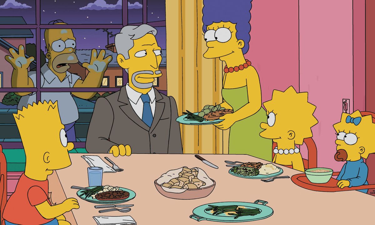En problemas. Distanciado de su mujer, Marge, Homero ve cómo su familia puede remplazarlo en la mesa.