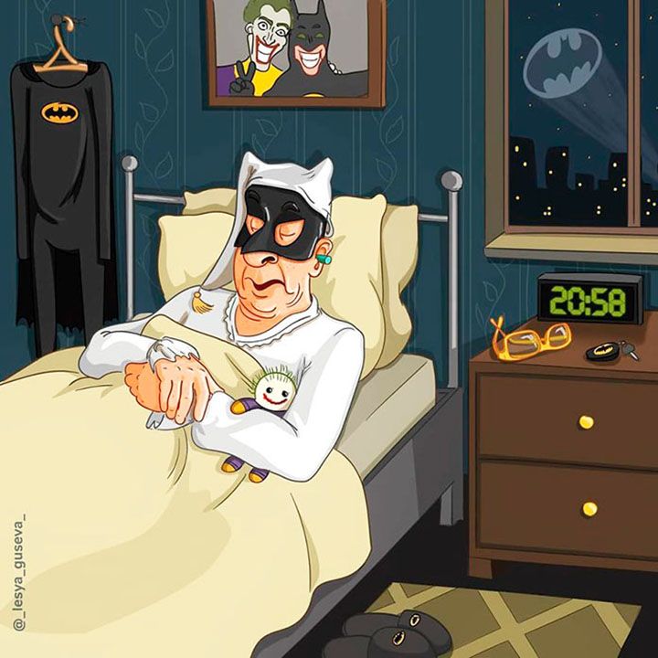 Batman. Ilustración de Lesya GusevaBruce Wayne ha envejecido, pero sigue utilizando su traje de superhéroe y el Batmóvil. Además, parece que echa mucho de menos a Joker.