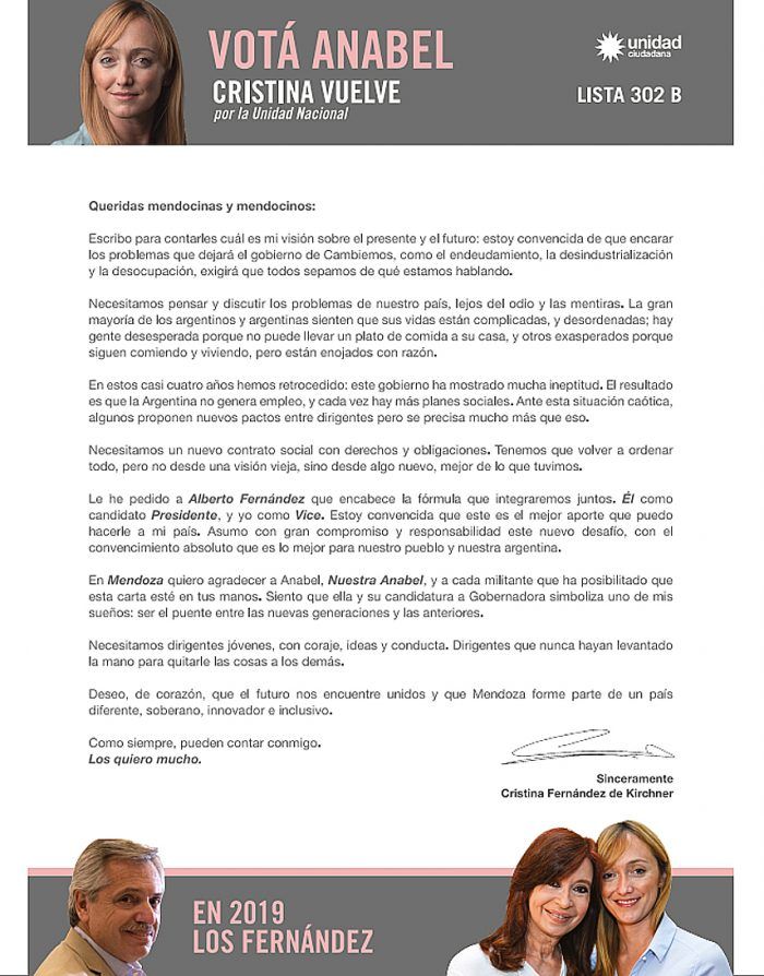 La carta con la que Cristina respalda a Fernández Sagasti 