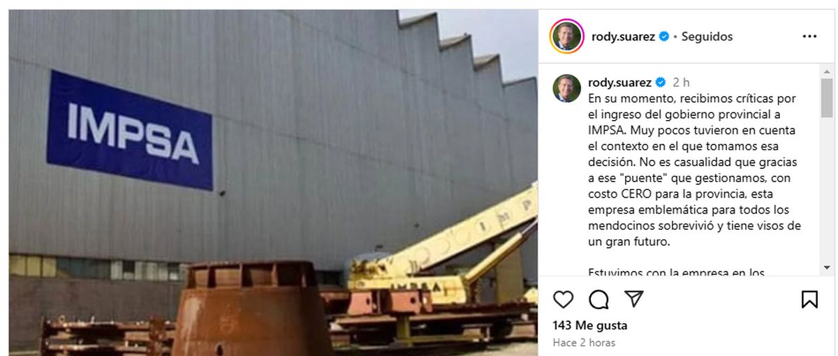 El posteo de Rodolfo Suarez sobre IMPSA. El posteo de Rodolfo Suarez sobre IMPSA.
