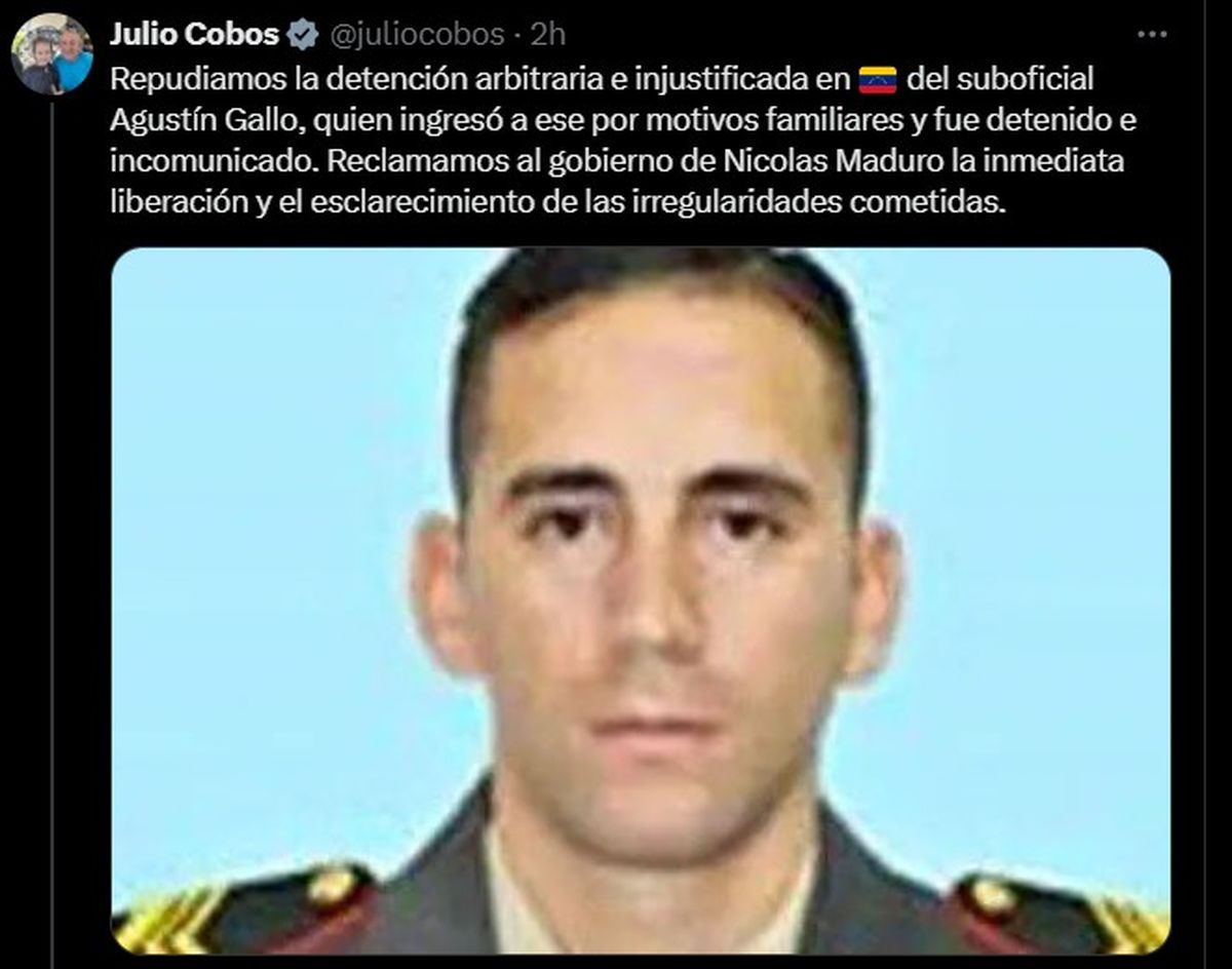 El tuit en el que Cobos reproduce parte del proyecto de repudio por la detención injustificada del gendarme Agustín Gallo en Venezuela El tuit en el que Cobos reproduce parte del proyecto de repudio por la detención injustificada del gendarme Agustín Gallo en Venezuela