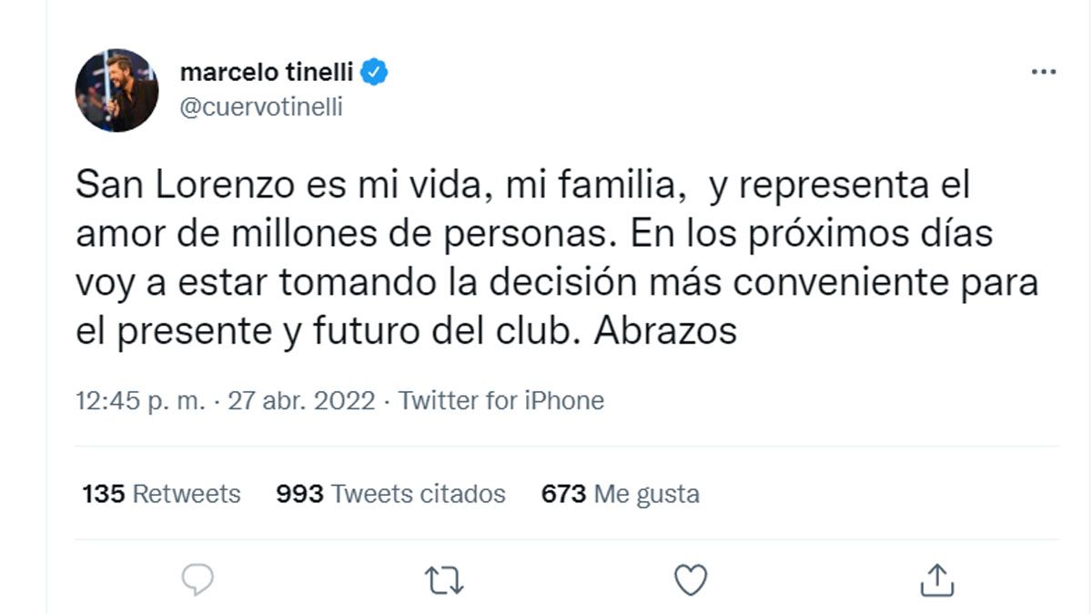 El tuit de Marcelo Tinelli respecto de su continuidad en San Lorenzo