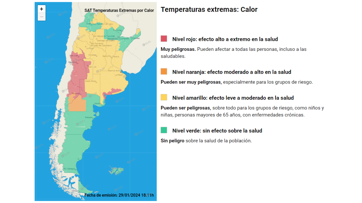 Mendoza se encuentra entre las seis provincias bajo esta alerta, sin embargo, es la única provincia que está en su totalidad pintada de rojo. Mendoza se encuentra entre las seis provincias bajo esta alerta, sin embargo, es la única provincia que está en su totalidad pintada de rojo.