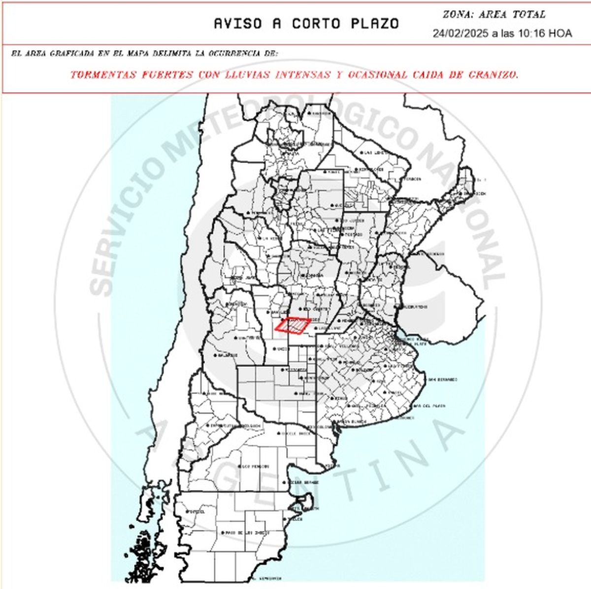 El Servicio Meteorológico Nacional emitió un aviso de corto plazo para esta zona El Servicio Meteorológico Nacional emitió un aviso de corto plazo para esta zona