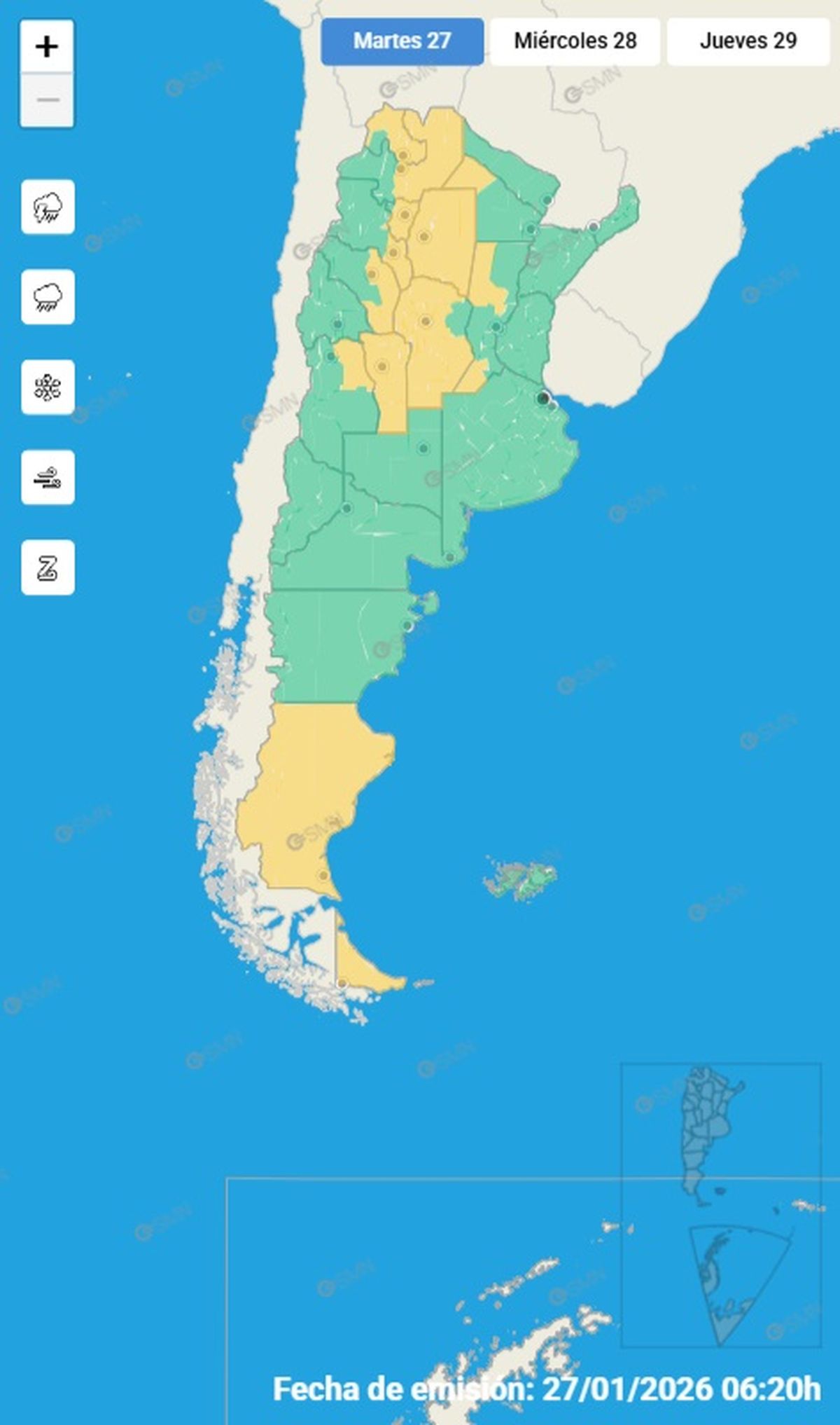 Estas son las provincias en alerta por fuertes tormentas y vientos.