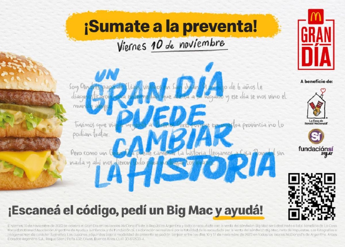El 100% de lo recaudado por la venta del Big Mac en todo el país será donado a Fundación Sí y a Casa Ronald. El 100% de lo recaudado por la venta del Big Mac en todo el país será donado a Fundación Sí y a Casa Ronald.