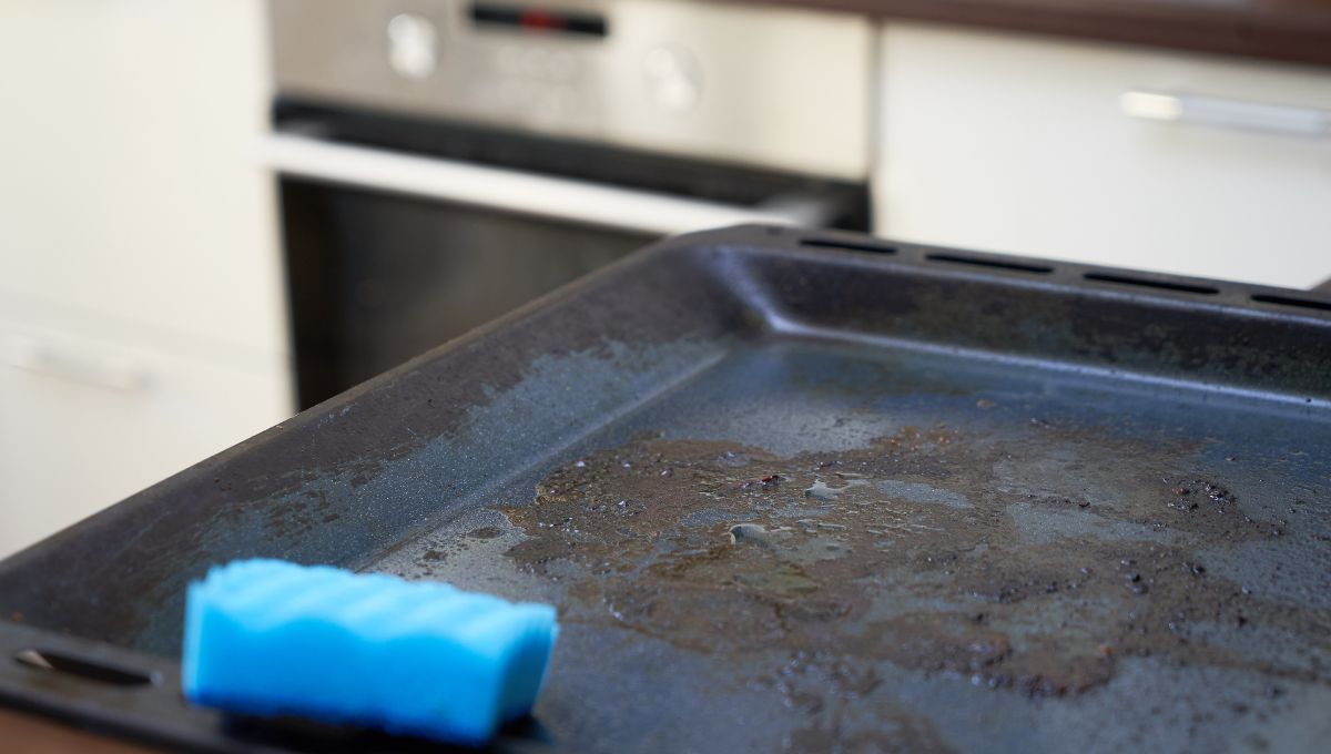 Grasa y suciedad pegada en la fuente del horno. Grasa y suciedad pegada en la fuente del horno.