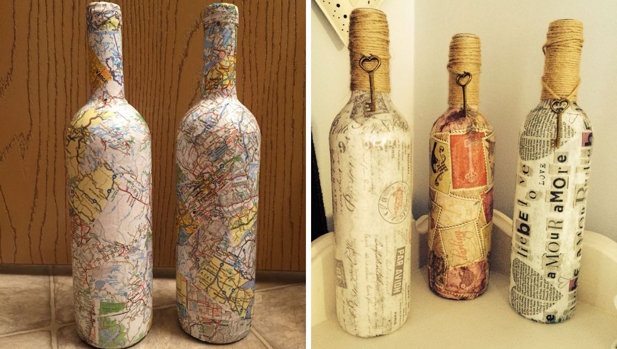 Botellas de vidrio decoradas, ideales para colocar en el comedor, o en un rincón. Botellas de vidrio decoradas, ideales para colocar en el comedor, o en un rincón.