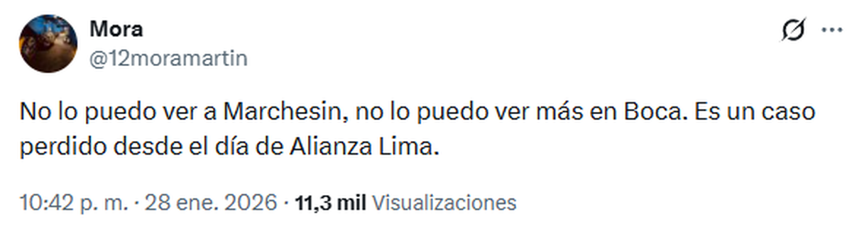 Uno de los posteos contra Agust&iacute;n Marches&iacute;n en medio del Estudiantes-Boca.