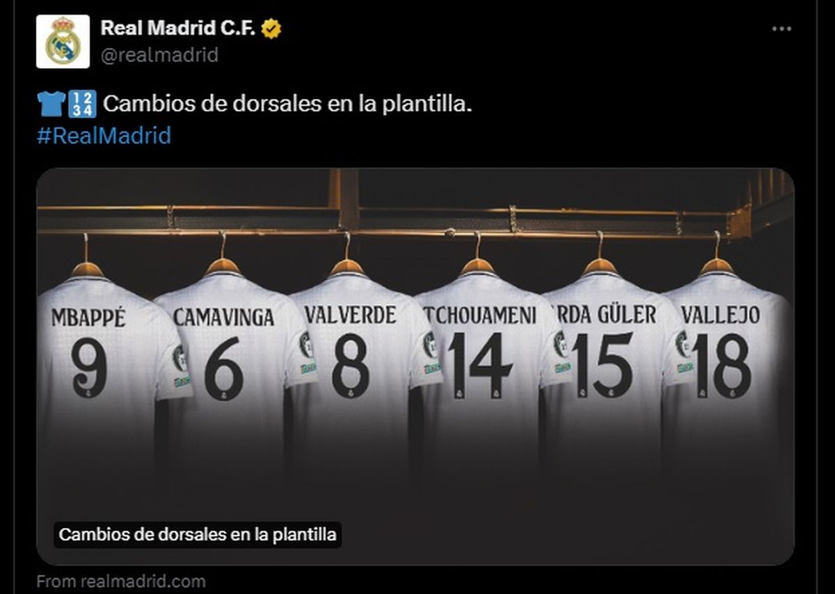 La nueva dorsalera del Real Madrid, incluyendo a Mbappé. La nueva dorsalera del Real Madrid, incluyendo a Mbappé.