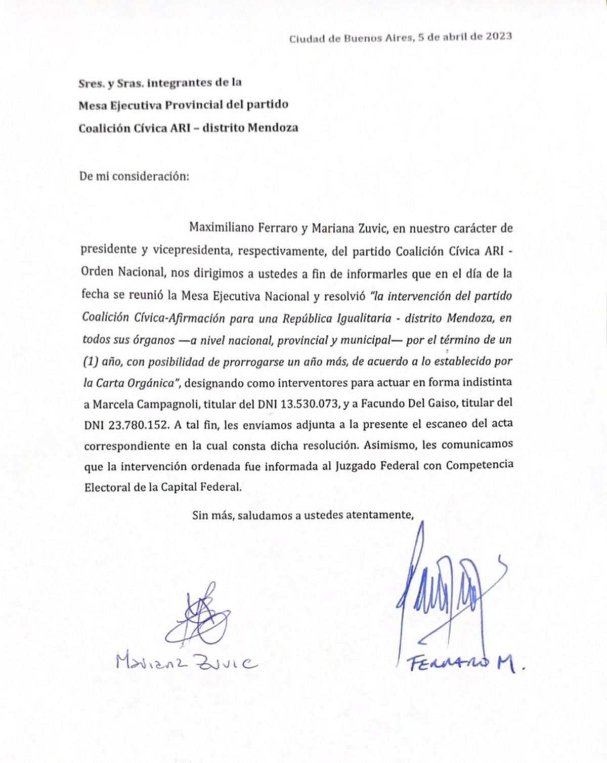 La notificación de la intervención de la Coalición Cívica en Mendoza, en la previa de la conformación de frentes electorales para las elecciones provinciales.