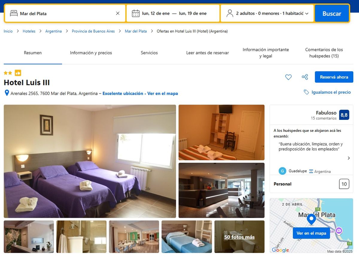 El Hotel Luis III queda cerca de playa Bristol, en Mar del Plata. Imagen: Booking. El Hotel Luis III queda cerca de playa Bristol, en Mar del Plata. Imagen: Booking.