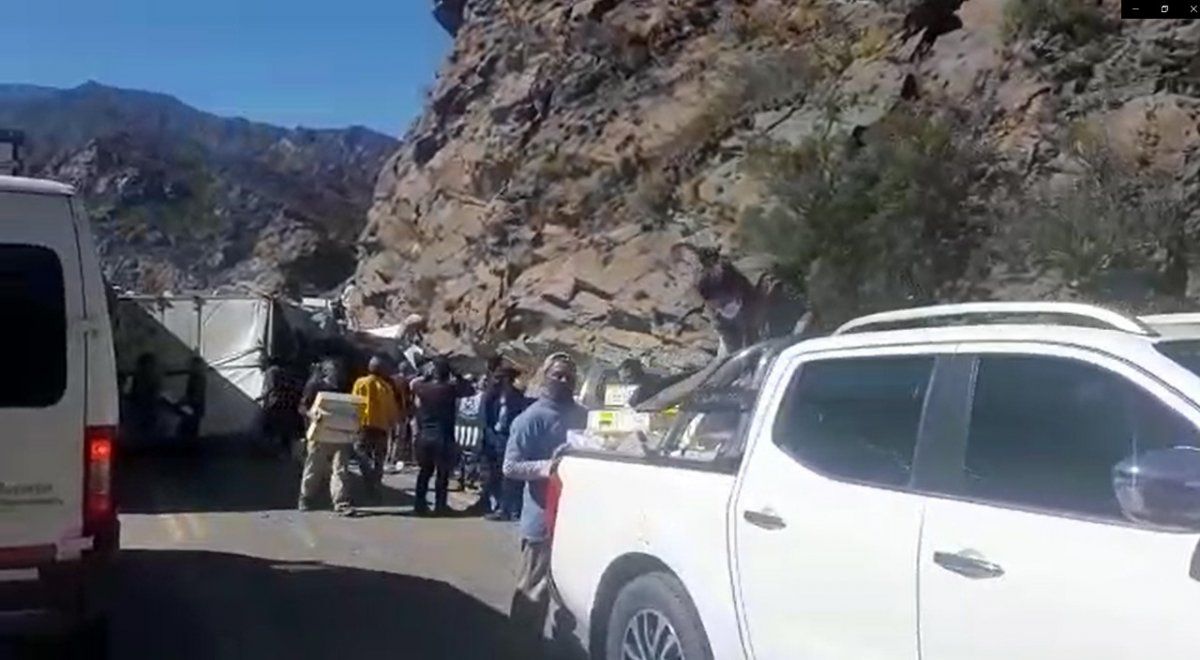 Un camión con pollos volcó en la Ruta 7 entre Potrerillos y Uspallata y la gente se llevó las cajas con pollos&nbsp;