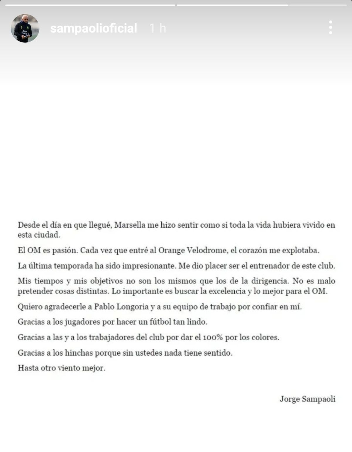 La publicación de Jorge Sampaoli