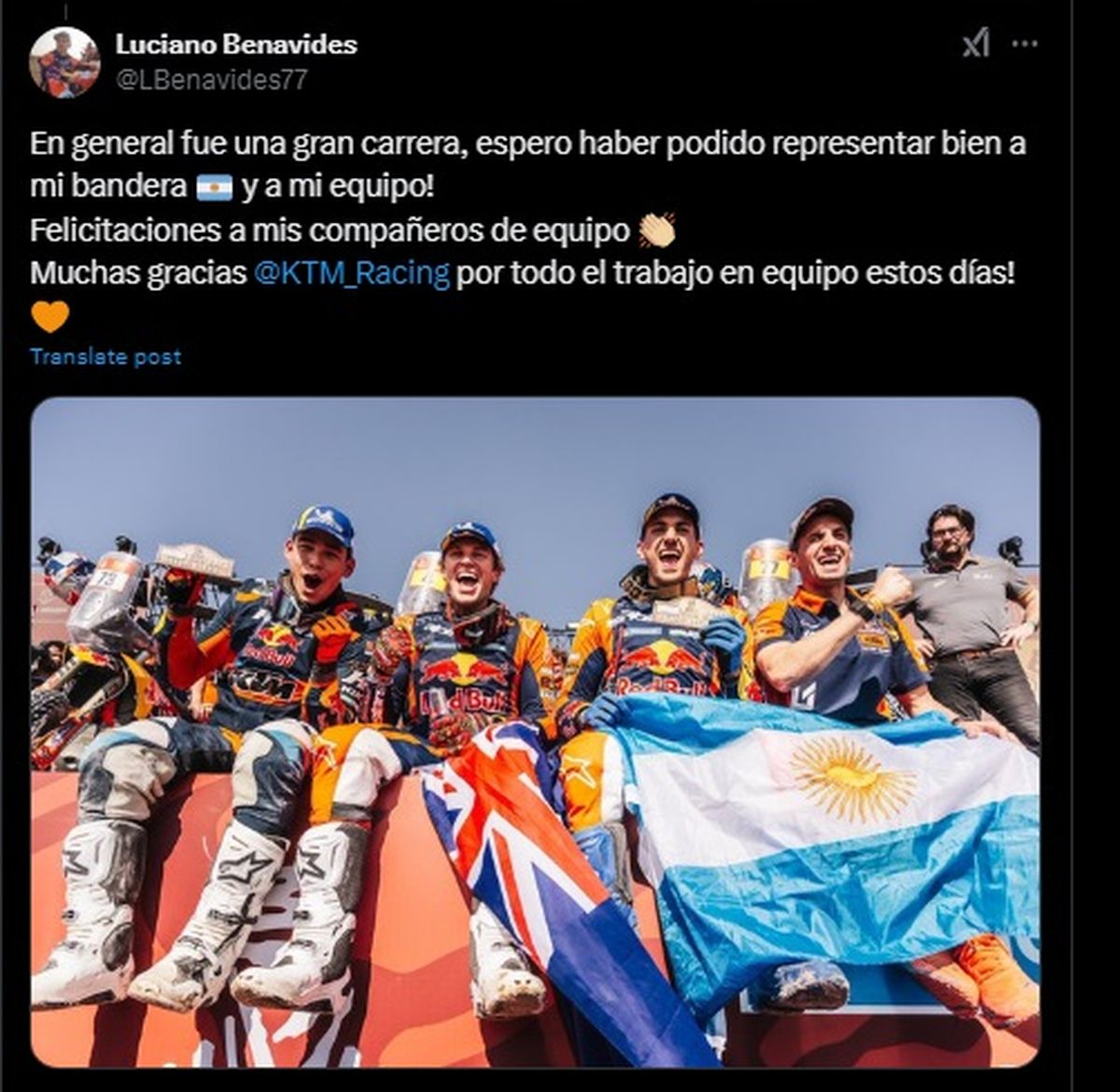 El posteo de Luciano Benavides luego de finalizar la carrera. El posteo de Luciano Benavides luego de finalizar la carrera.