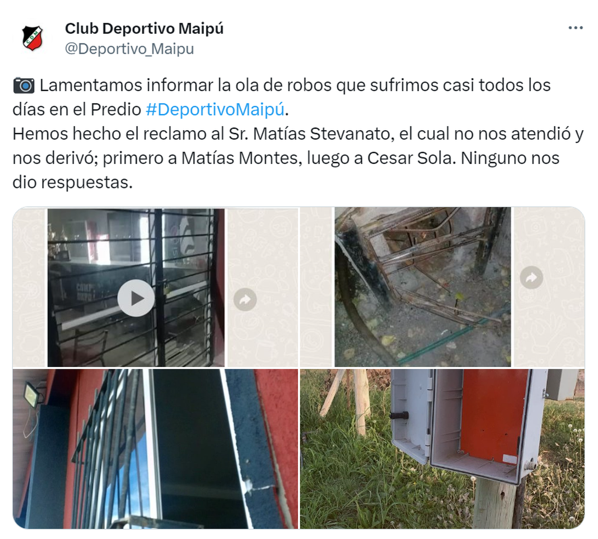 La cuenta oficial del club maipucino difundió los hechos de inseguridad y la falta de respuesta por parte del municipio y de la Policía. La cuenta oficial del club maipucino difundió los hechos de inseguridad y la falta de respuesta por parte del municipio y de la Policía.