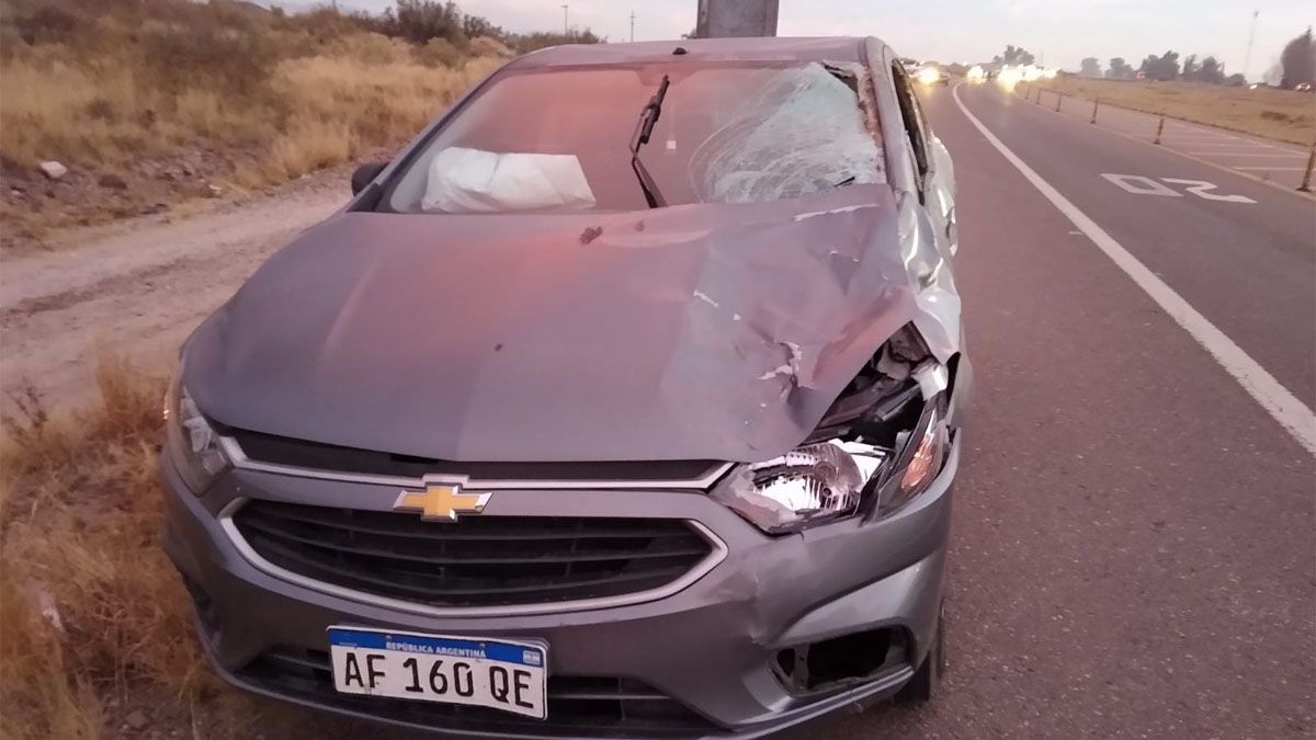 Así quedó el Cheveolet Onix conducido por una mujer luego de chocar contra un caballo en la Ruta 40. Así quedó el Cheveolet Onix conducido por una mujer luego de chocar contra un caballo en la Ruta 40.
