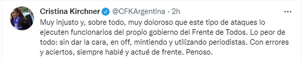 El tuit que tiró Cristina en la mañana del sábado.