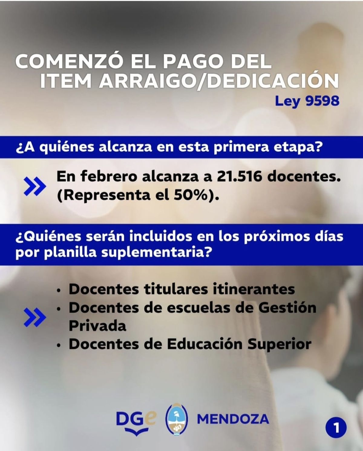 Desde la DGE informaron oficialmente que sólo el 50% de los docentes de la provincia cobró el ítem arraigo por haber cumplido los requisitos que exige de tener al menos 2 años de antigüedad trabajando en una misma escuela. Desde la DGE informaron oficialmente que sólo el 50% de los docentes de la provincia cobró el ítem arraigo por haber cumplido los requisitos que exige de tener al menos 2 años de antigüedad trabajando en una misma escuela.