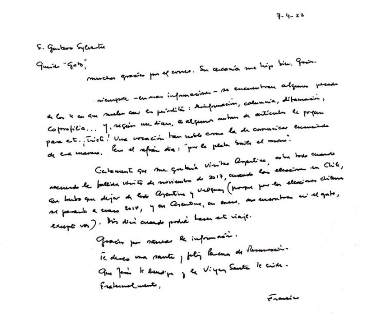 La carta que el Papa le envió al periodista de C5N Gustavo Sylvestre.