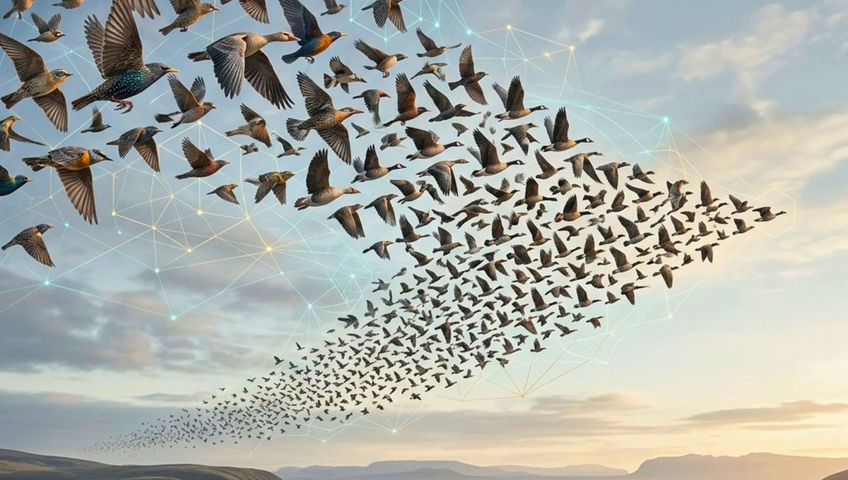 Las corrientes de aire que actúan como enlaces invisibles para alinear a una bandada de aves en formación cristalina. Foto Muy Interesante Las corrientes de aire que actúan como enlaces invisibles para alinear a una bandada de aves en formación cristalina. Foto Muy Interesante