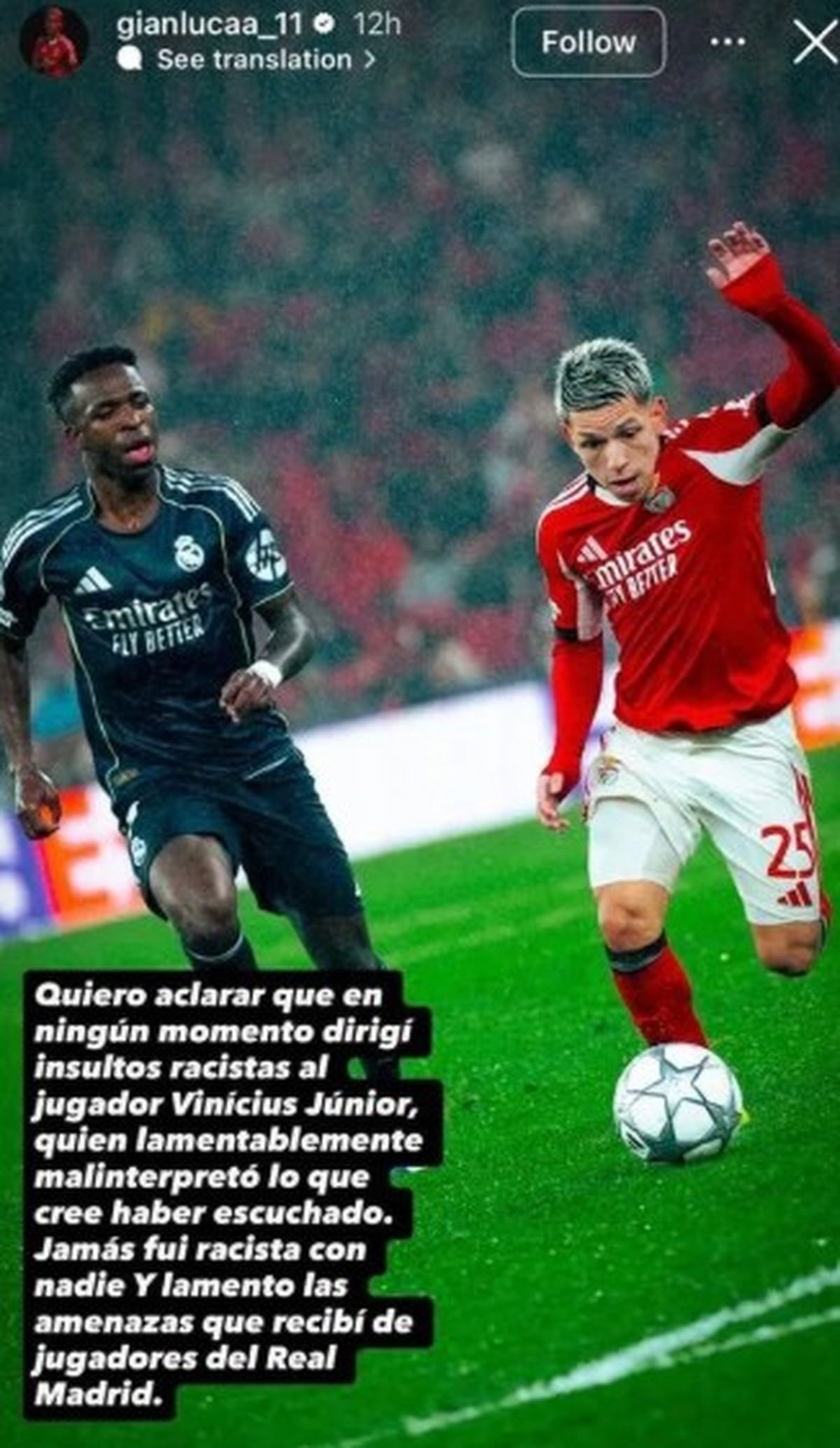 Gianluca Prestianni afirma que no expres&oacute; insultos racistas.