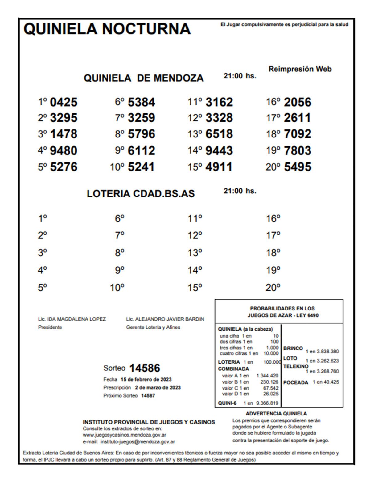 La quiniela • Sorteo Nacional 【2023】