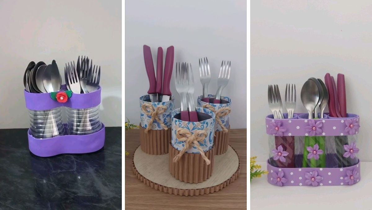 Este porta cubiertos puede crearse con 2 o 3 botellas de plástico. Este porta cubiertos puede crearse con 2 o 3 botellas de plástico. 