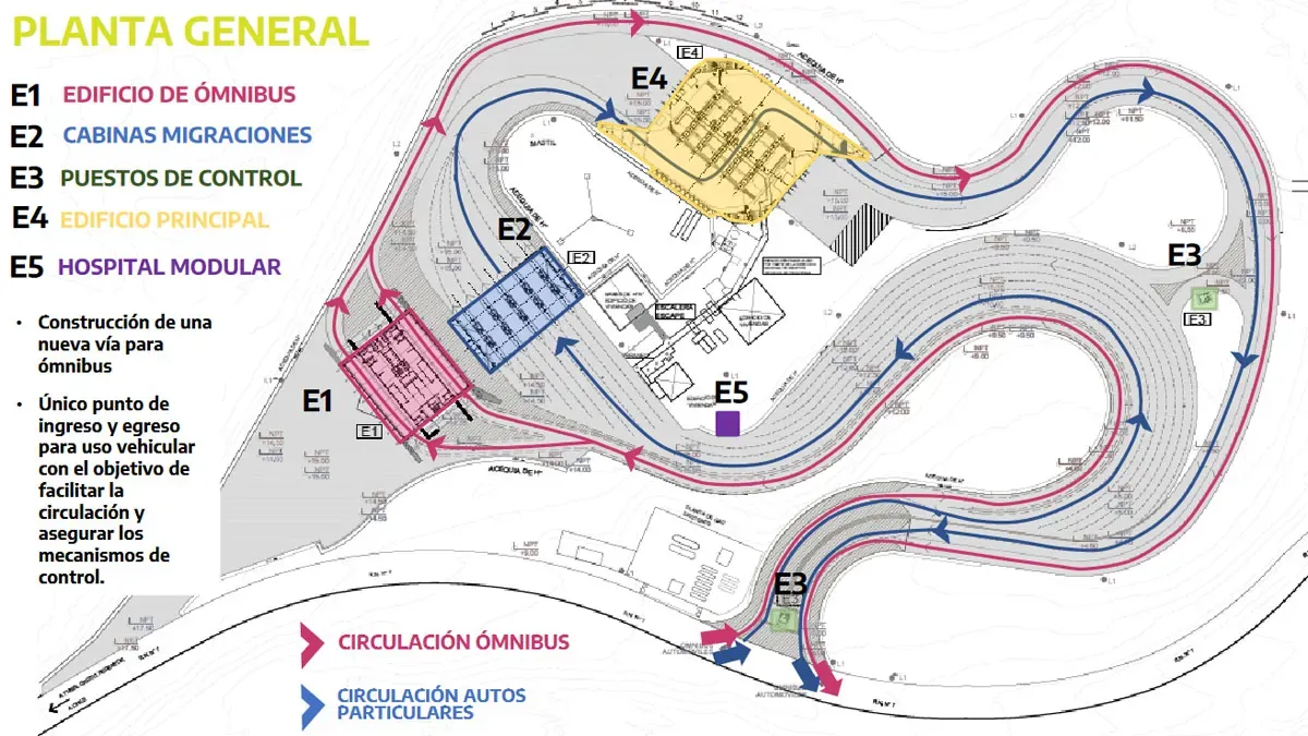 Plano de la refacción de todo el complejo aduanero de Horcones que se proyectó en el 2021 y que debía estar terminado para abril de este año, pero se frenó y se congeló sólo con el 10% de la obra. Plano de la refacción de todo el complejo aduanero de Horcones que se proyectó en el 2021 y que debía estar terminado para abril de este año, pero se frenó y se congeló sólo con el 10% de la obra.