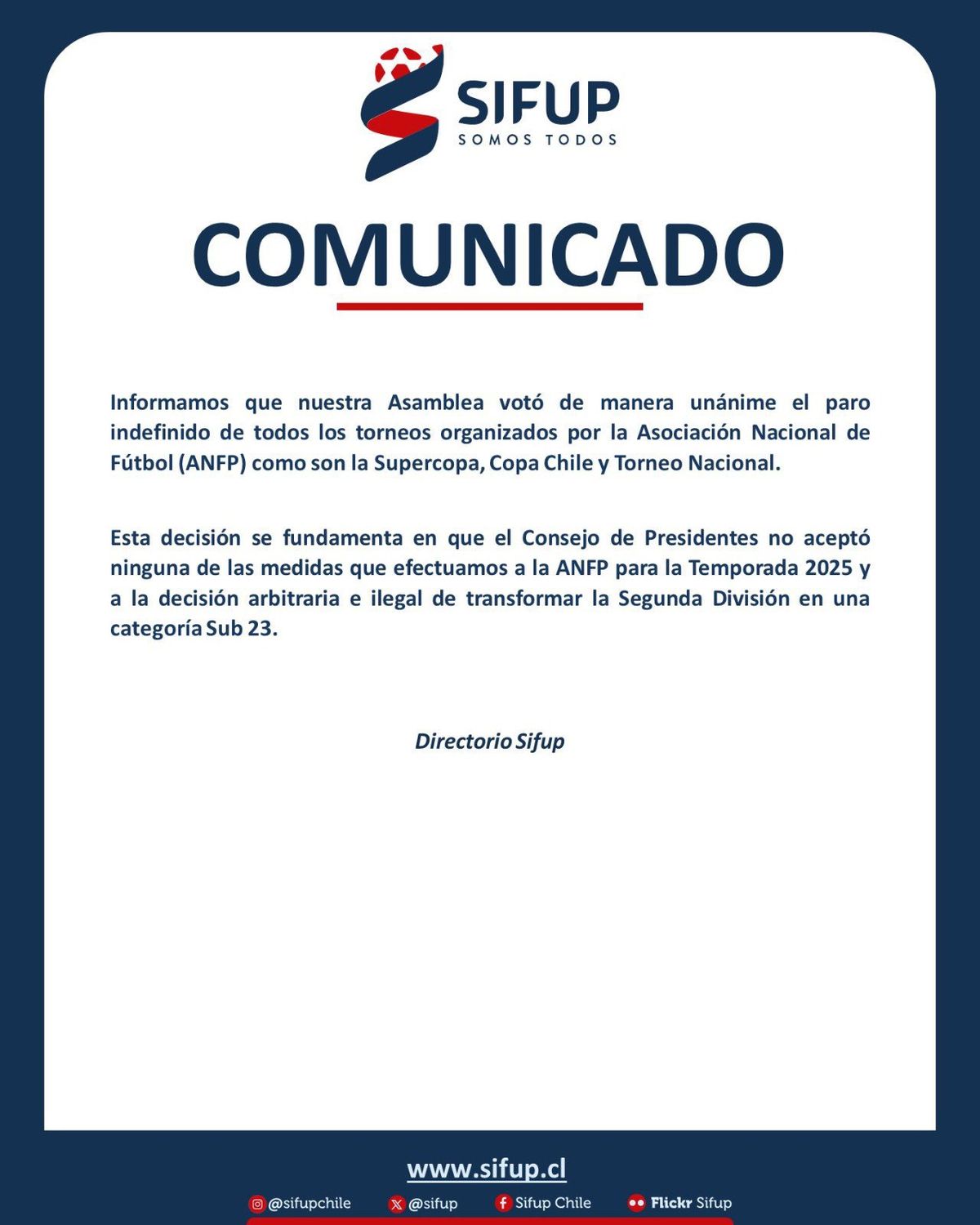 El comunicado del Sindicato de Futbolistas Profesionales de Chile. El comunicado del Sindicato de Futbolistas Profesionales de Chile.