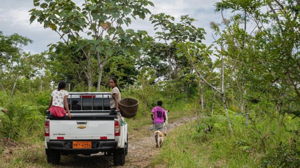 Indígenas ecuatorianos cruzan una carretera cerca del Parque Nacional Yasuní, en el este del país. A algunos kichwas les preocupa que los sistemas de créditos de carbono puedan dividir la opinión de sus comunidades, como ha ocurrido con las actividades petroleras y mineras (Imagen: Flor Ruiz / Dialogue Earth) Indígenas ecuatorianos cruzan una carretera cerca del Parque Nacional Yasuní, en el este del país. A algunos kichwas les preocupa que los sistemas de créditos de carbono puedan dividir la opinión de sus comunidades, como ha ocurrido con las actividades petroleras y mineras (Imagen: Flor Ruiz / Dialogue Earth)