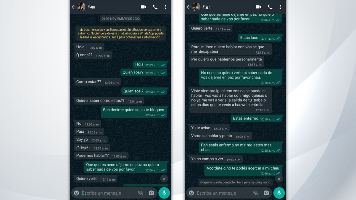 Valentina fue acosada también a través de Whatsapp. Según su propio relato, cuando concurrió a la justicia para agregar esta prueba a su expediente, le dijeron que esto no se podía hacer porque mandar mensajes o llamar por teléfono no se considera acoso, ya que el hombre no estaba violando la perimetral. Así es que desconocieron esta instancia.