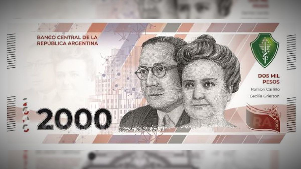 El nuevo billete de 2.000 pesos con las figuras de los médicos Cecilia Grierson y Ramón Carrillo.