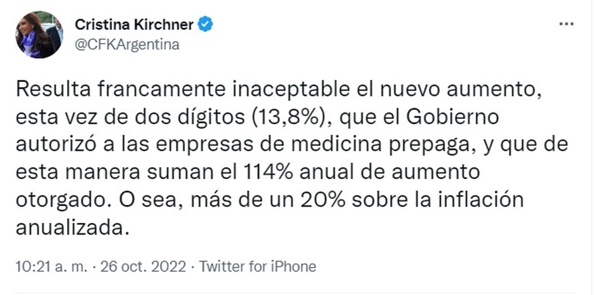 Uno de los mensajes que difundió Cristina en la mañana del miércoles.
