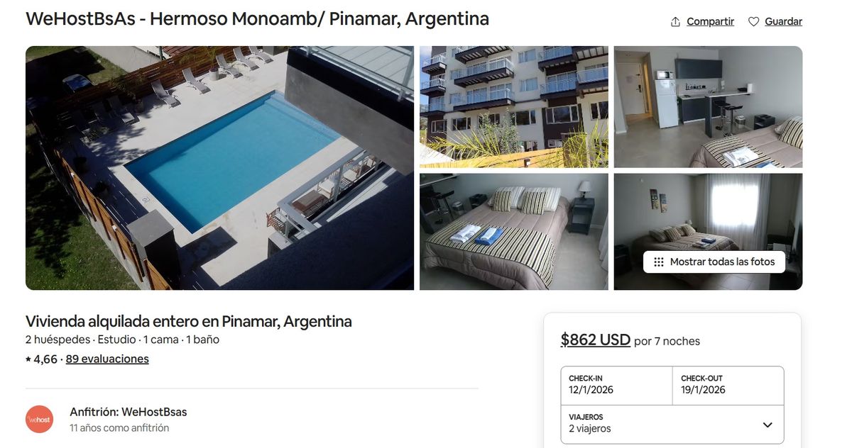 Este departamento en Pinamar cuesta USD$862 por siete noches. Imagen: Airbnb. Este departamento en Pinamar cuesta USD$862 por siete noches. Imagen: Airbnb.