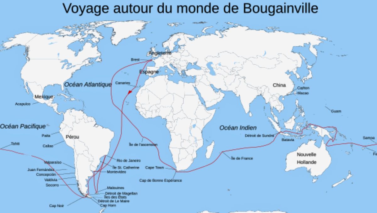 En 1766 Bougainville recibió de Luis XV permiso para realizar una circunnavegación del globo. Se convertiría en el 14.º navegante de la historia occidental, y el primer francés, en organizar una expedición para dar la vuelta al mundo. Aquí el mapa En 1766 Bougainville recibió de Luis XV permiso para realizar una circunnavegación del globo. Se convertiría en el 14.º navegante de la historia occidental, y el primer francés, en organizar una expedición para dar la vuelta al mundo. Aquí el mapa