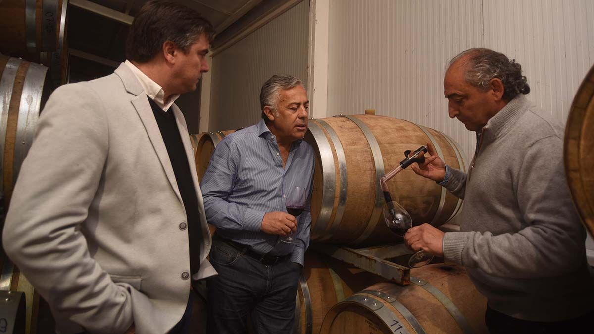 Luis López, precandidato a la intendencia de Tunuyán, junto a Alfredo Cornejo en una de las bodegas.