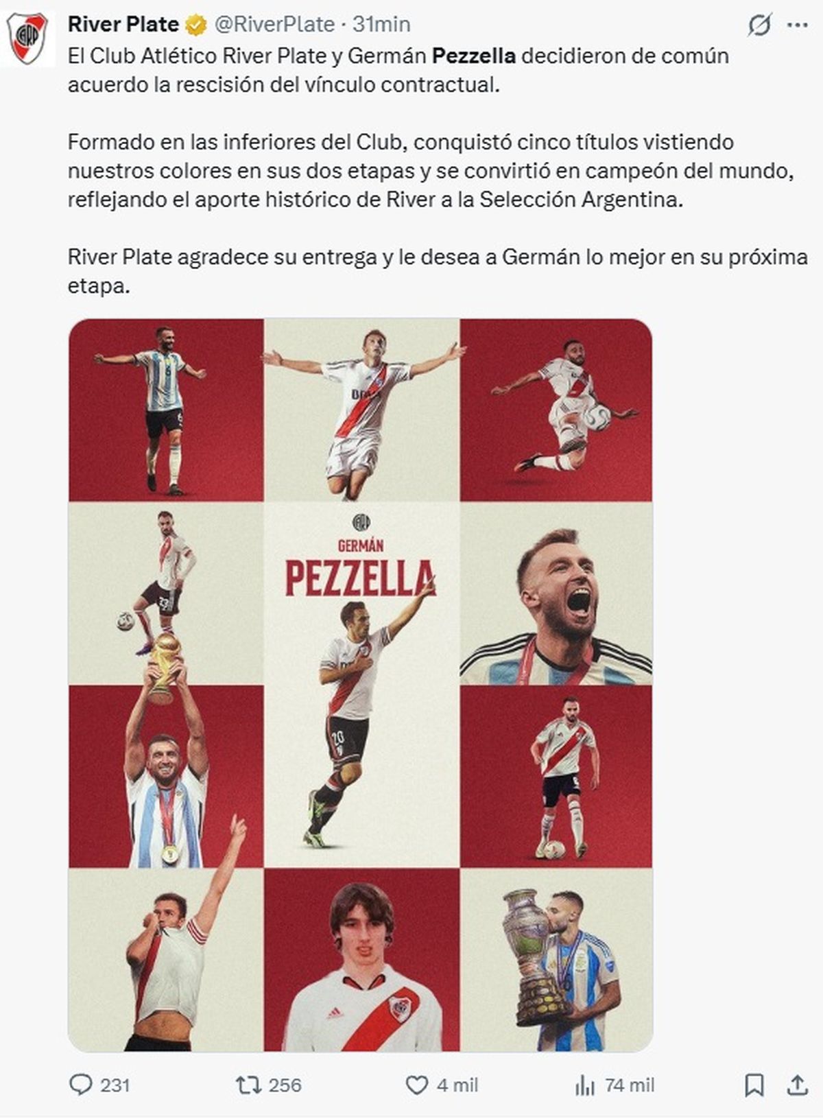 El posteo con el que River anunci&oacute; la salida de Pezzella.