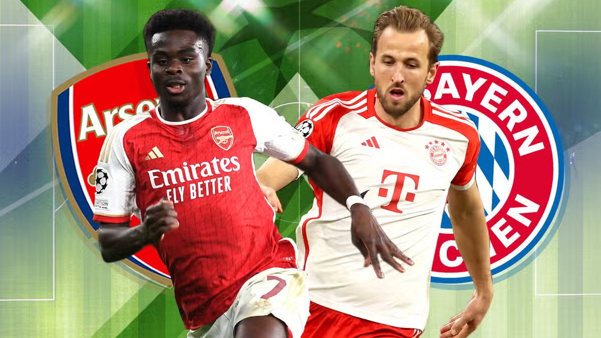 Bukayo Saka, del Arsenal; y Harry Edward Kane, del Bayern Munich, en el inicio de la serie de cuartos de final, cara a cara. Bukayo Saka, del Arsenal; y Harry Edward Kane, del Bayern Munich, en el inicio de la serie de cuartos de final, cara a cara.