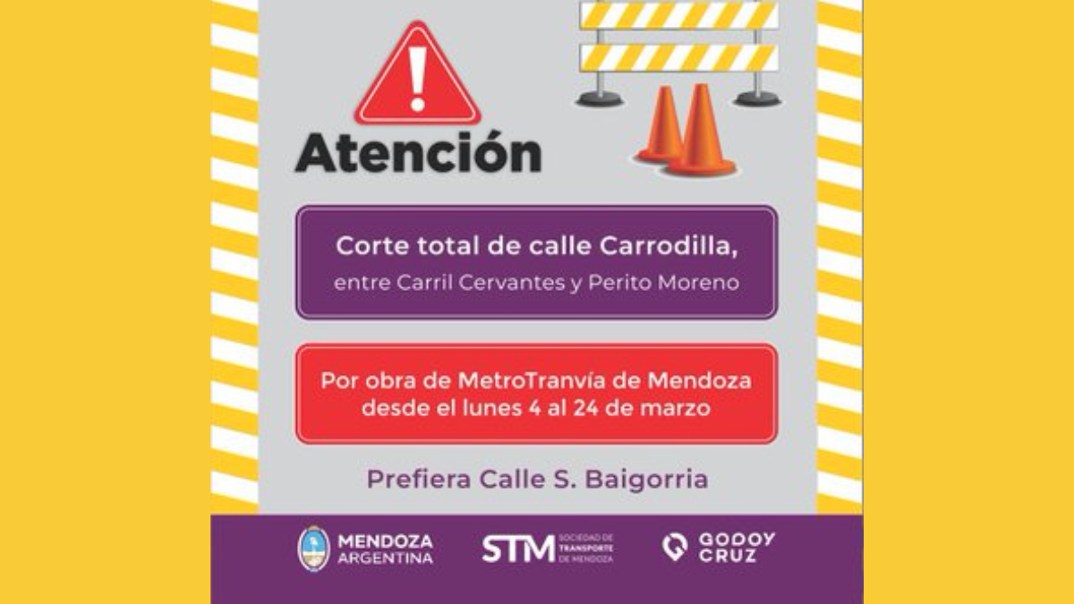 La comuna de Godoy Cruz notificó que un tramo de la calle Carrodilla permanecerá cerrado, y recomendó a los conductores tomar rutas alternativas. La comuna de Godoy Cruz notificó que un tramo de la calle Carrodilla permanecerá cerrado, y recomendó a los conductores tomar rutas alternativas.
