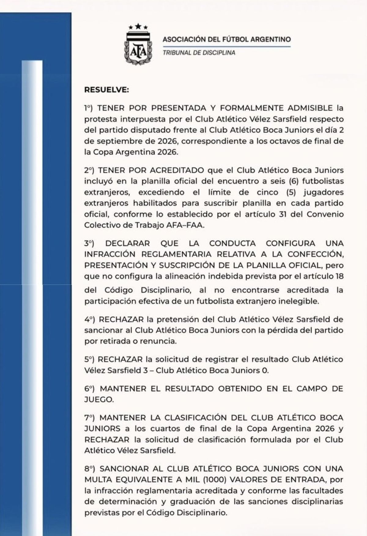 El fallo del Tribunal de Disciplina que apeló Vélez. El fallo del Tribunal de Disciplina que apeló Vélez.