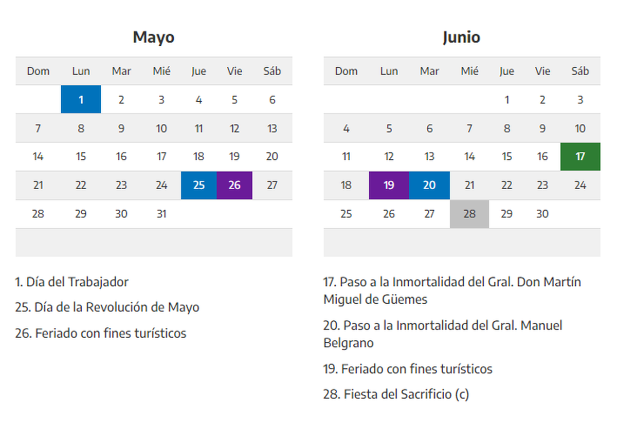Feriados de mayo y junio de 2023. 